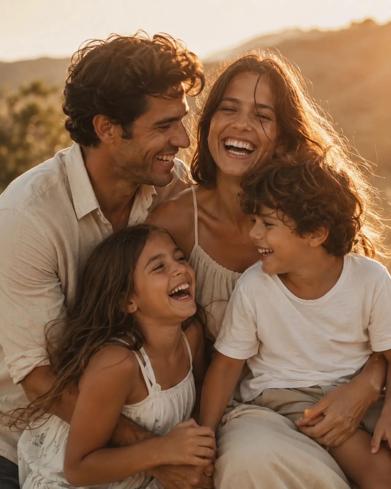 Família rindo junta no sofá